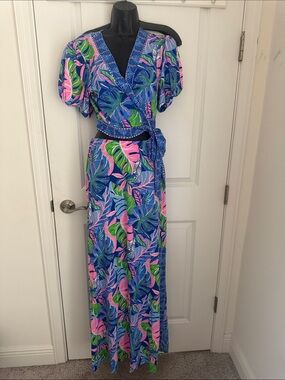 Lilly Pulitzer Blue Tropical Wrap Maxi Jumpsuit with Belt